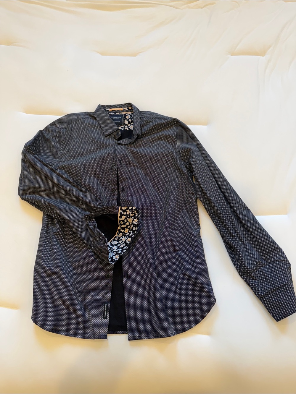 Denim & Flower Navy Microdot Dress Shirt with Floral Trim